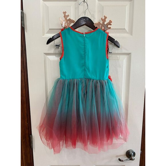 New Girls Bebe Tulle Deer Dress With Floral Embellishments Size 6T Teal & Red Om - Picture 2 of 6